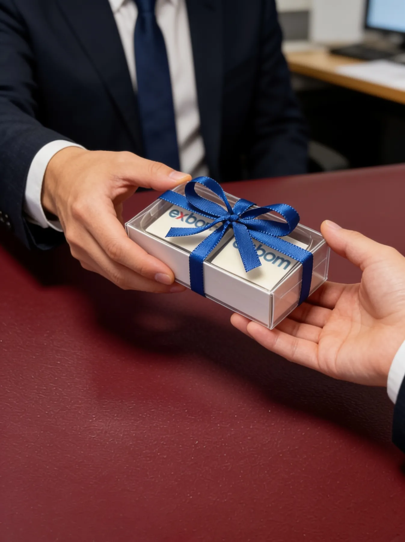 Doces personalizados com logo Exbom em sala de reunião corporativa | Le Malu