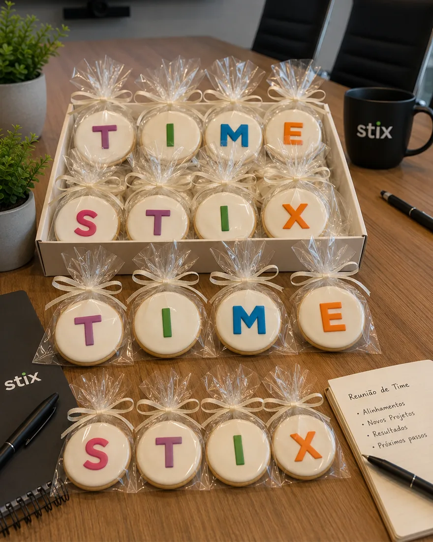Biscoitos personalizados soletrando o nome do time Stix em evento corporativo | Le Malu