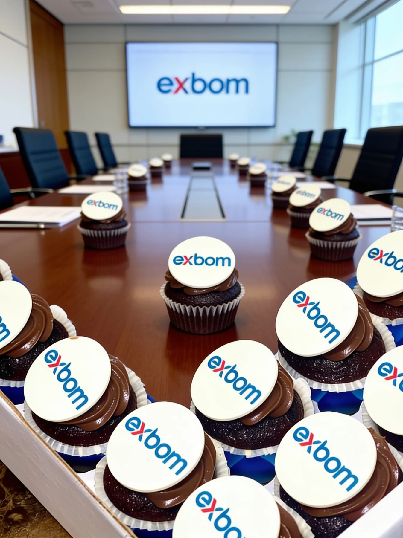 Cupcakes personalizados com logo Exbom em sala de reunião corporativa | Le Malu