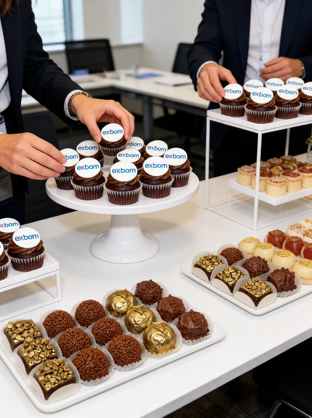 Doces personalizados com logo Exbom em sala de reunião corporativa | Le Malu